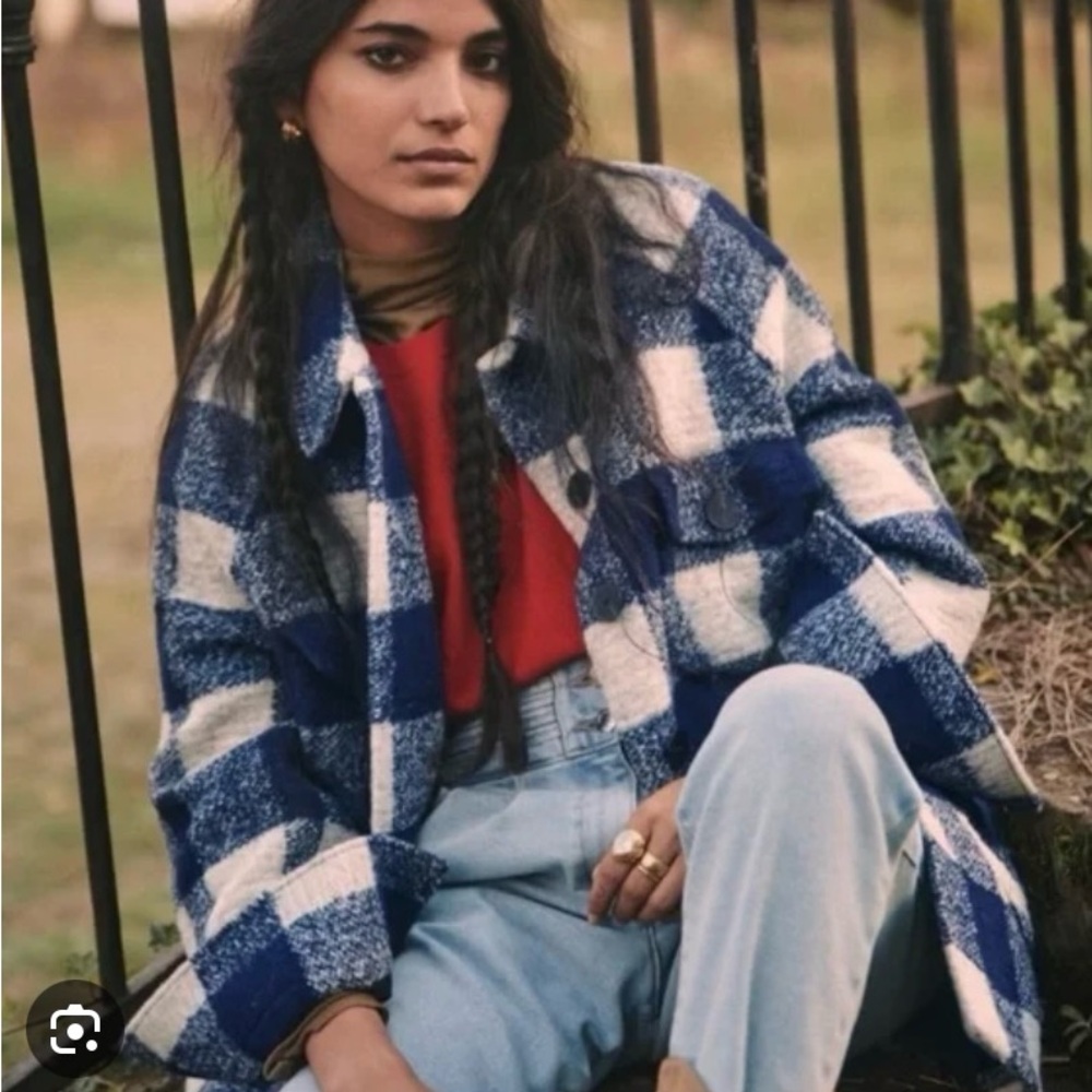 Sezane Blue and White Teddy Jacket